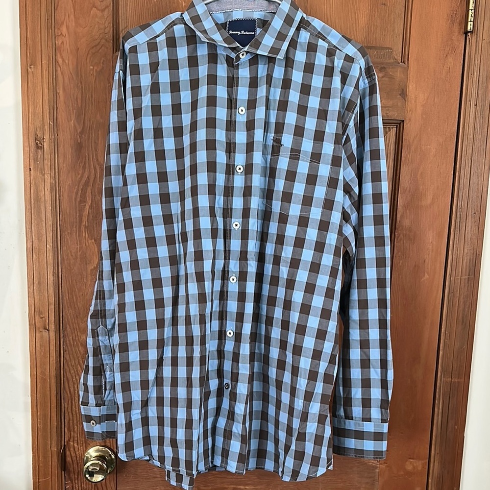 Tommy Bahama Blue and Brown Casual Button Down Long Sleeve Shirt Size XL